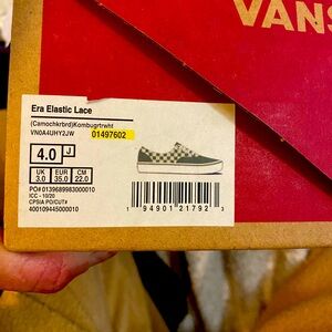 NWT and box. Vans Era Elastic Lace. Green checkered and camo. Big kids sz 4
